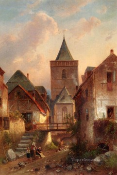 チャールズ・ライカート Painting - 洗濯婦の風景のあるドイツの村の眺め チャールズ・ライカート